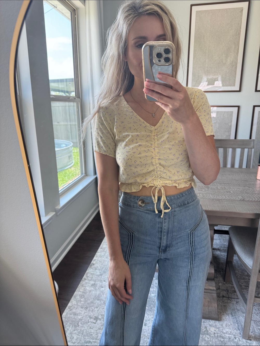 Ruched V-Neck Cropped Top in Light Butter Yellow with Subtle Tiny Purple Florals - Picture 7 of 14